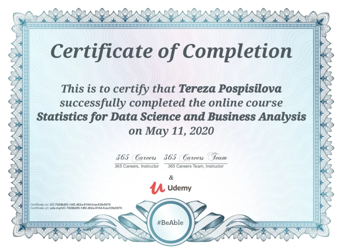 Statistics for Data Science and Business Analysis: Certificate of Completion