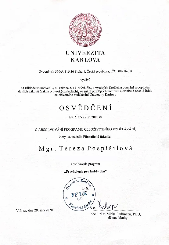 Psychologie pro každý den: Osvědčení o absolvování programu celoživotního vzdělávání